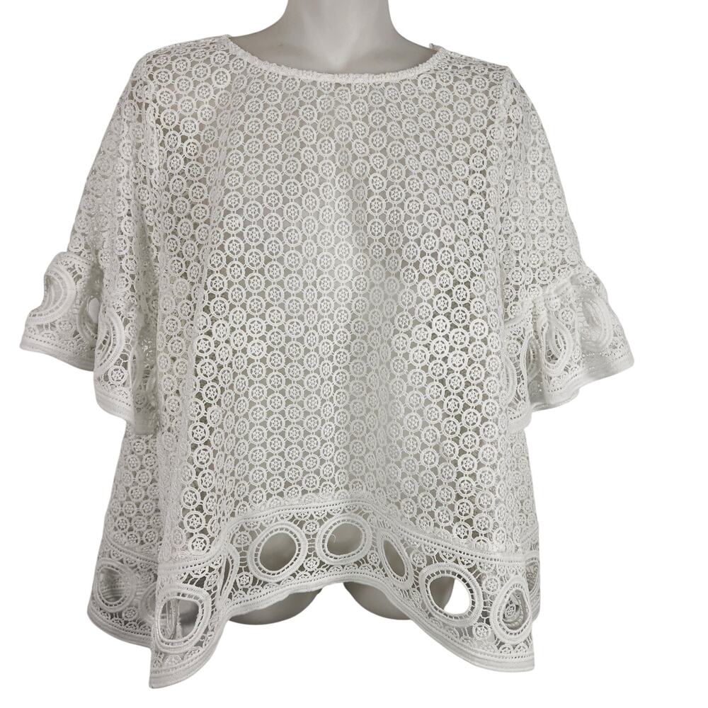 English Factory Womens Lace Open Crochet Cutout Top Short Bell Sleeve White M